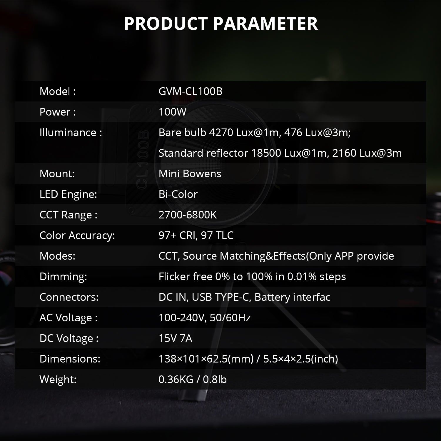 GVM 100W LED Video Light,Professional Photography Lighting Portable Continuous Output Lighting 2700K~6800K,18500 lux@1m with Standard Reflector for Studio Photography