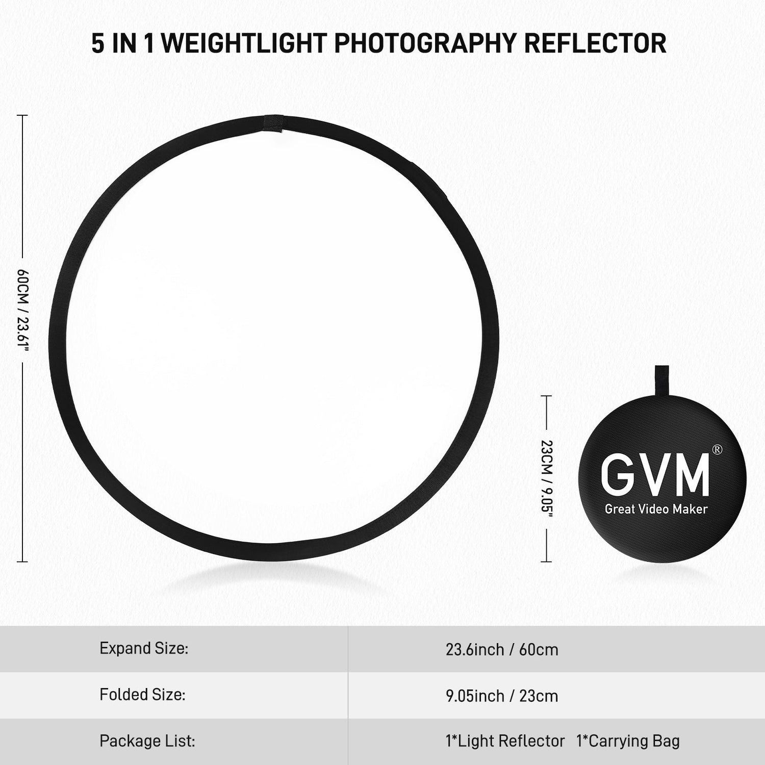 GVM 24 Inch/60cm Photography Reflector, 5 in 1 Reflector Photography Collapsible - Silver, Gold, White, Black, Translucent, Portable Light Reflector with Carry Bag for Outdoor Photography - JIAN CHENG TECHNOLOGY INC.