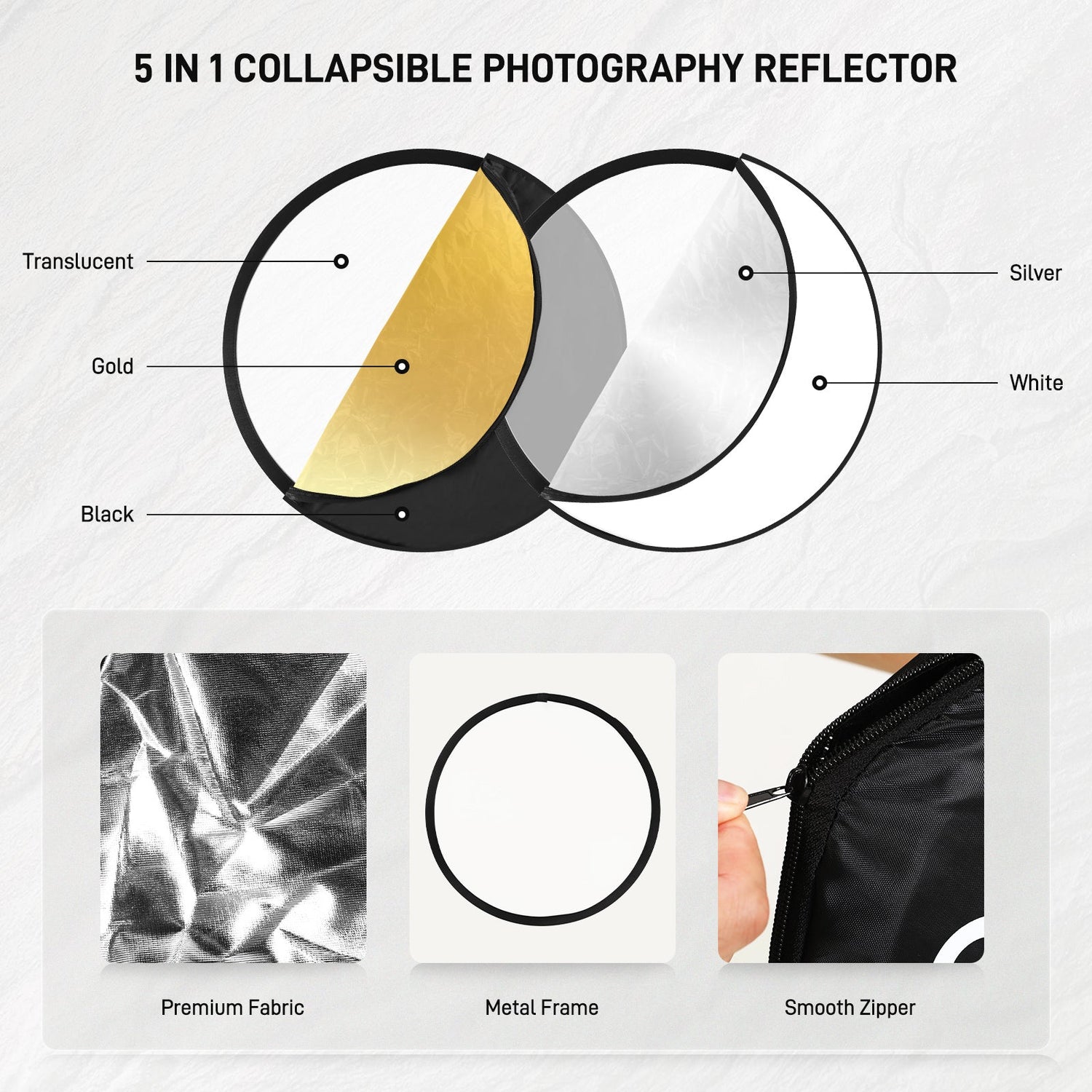 GVM 24 Inch/60cm Photography Reflector, 5 in 1 Reflector Photography Collapsible - Silver, Gold, White, Black, Translucent, Portable Light Reflector with Carry Bag for Outdoor Photography - JIAN CHENG TECHNOLOGY INC.