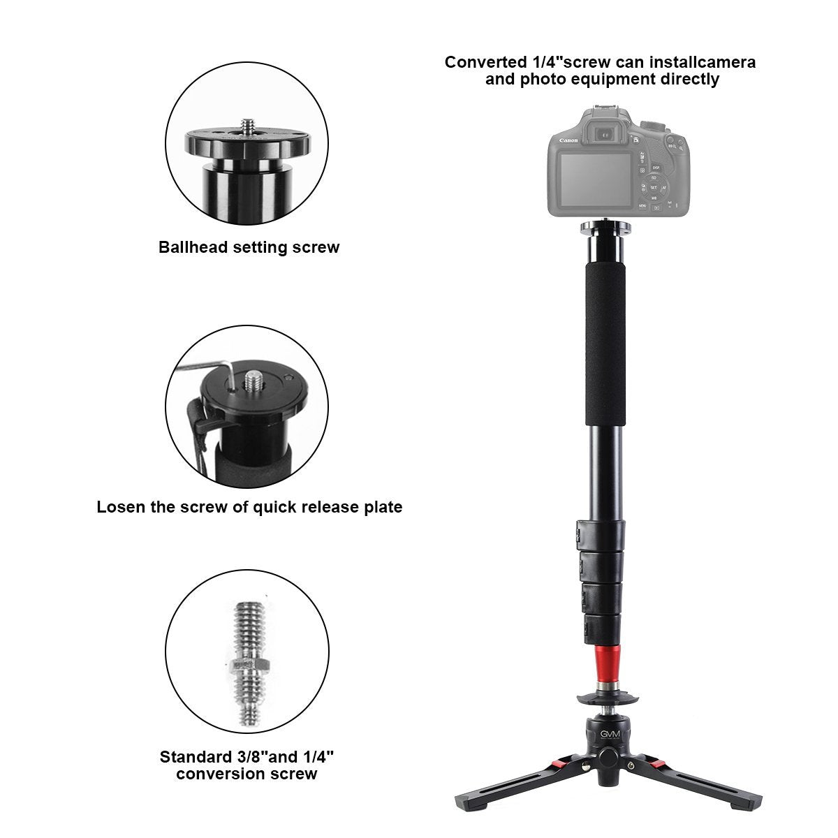 GVM  G175 Alluminum Alloy 5-Section Monopod with Video Fluid Head - GVMLED