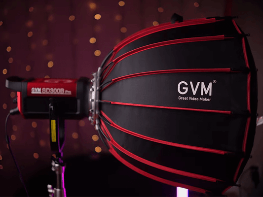 GVM PRB 300B monolight with a softbox attachment for studio photography illumination setup.
