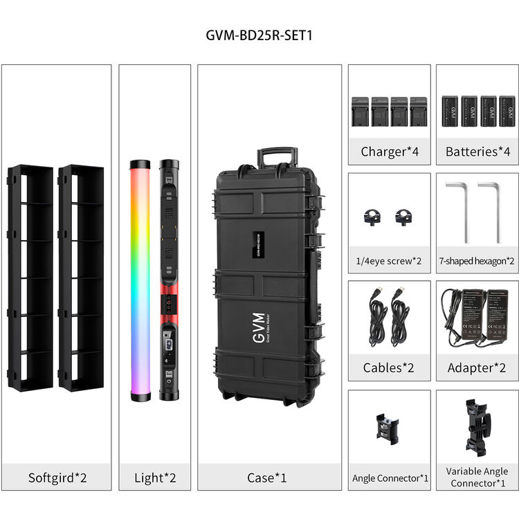 GVM RGB Tube Light with Softbox, 2 Packs 25W Handheld Wand Light, 24