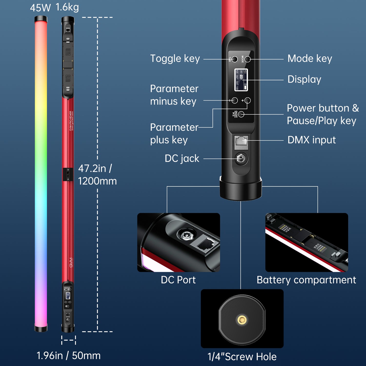 GVM RGB Tube Light with Softbox, 2 Packs 45W Handheld Wand Light, 48