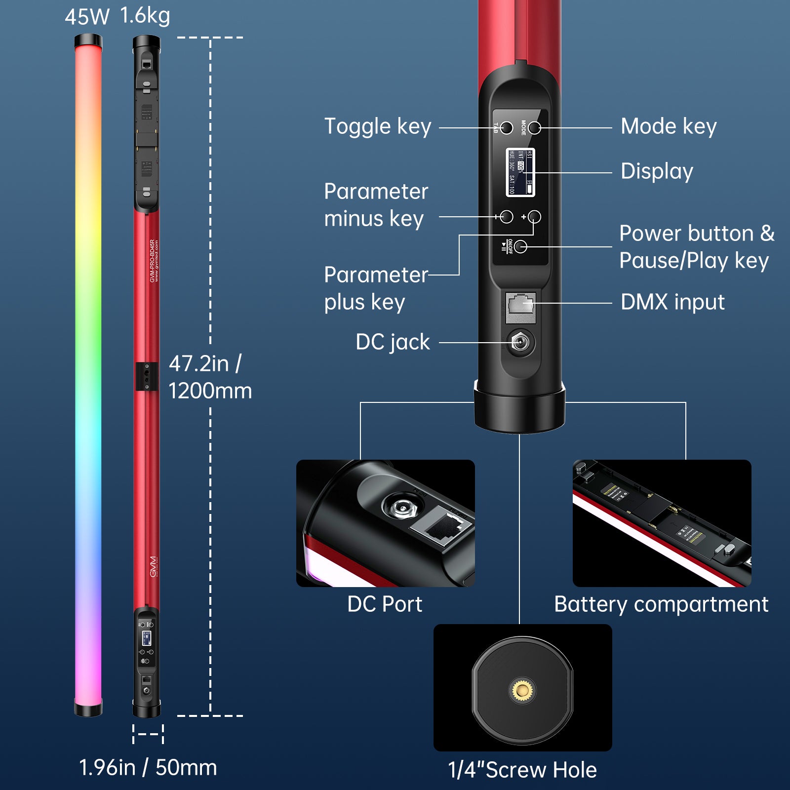 GVM RGB Tube Light with Softbox, 2 Packs 45W Handheld Wand Light, 48" Full Color LED Tube Light, 2700-10000K Stick Light with APP/DMX Control, 12 Scene Effects, MESH Networking Control Led Video Light - GVM