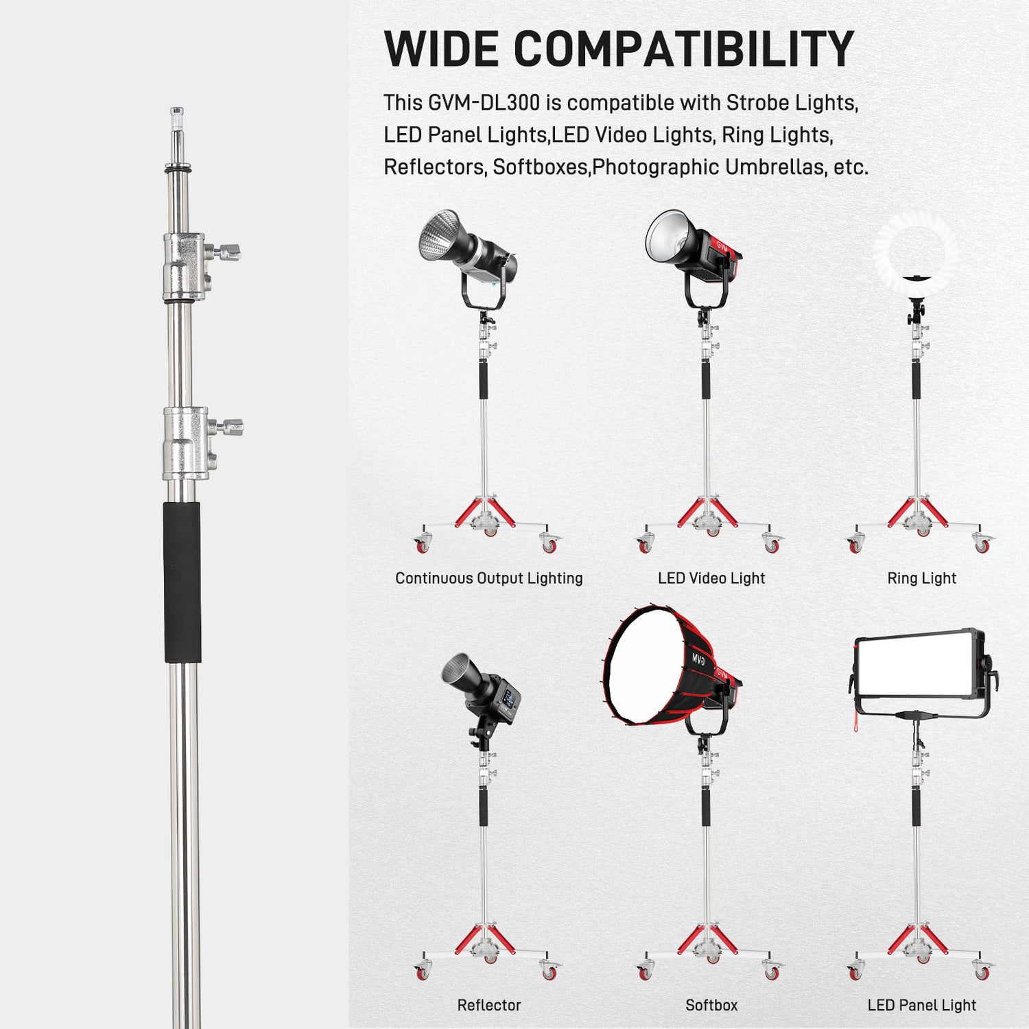 GVM DL300  Professional Rolling Light Stand - Stainless Steel & Aluminum Alloy with Locking Casters for Studio/Outdoor Photography/Videography(118‘’)