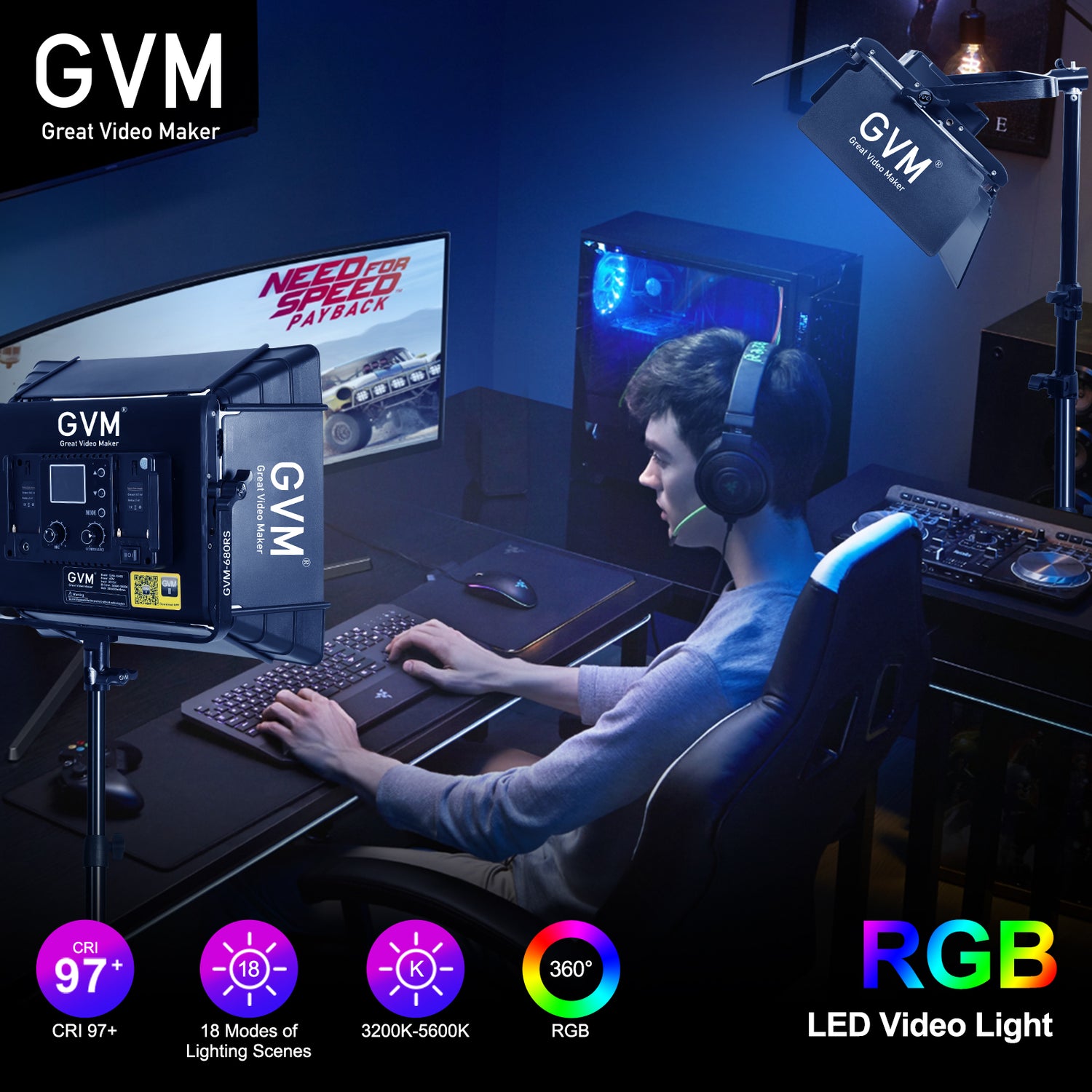 GVM RGB LED Video Light with Lighting Kits, 880RS 60W Led Panel Light with Bluetooth Control, 3 Packs Photography Lighting for YouTube Studio, Video Shooting, Gaming, Streaming, Conference