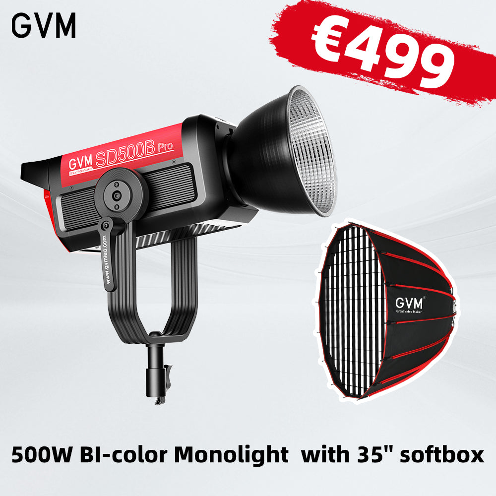 GVM PRO-SD500B 500W Waterproof Bi-Color Monolight (V-mount & Mesh Bluetooth)(Includes a 36'' softbox valued at $139.99)