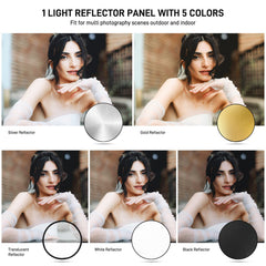 GVM 24 Inch/60cm Photography Reflector, 5 in 1 Reflector Photography Collapsible - Silver, Gold, White, Black, Translucent, Portable Light Reflector with Carry Bag for Outdoor Photography - JIAN CHENG TECHNOLOGY INC.