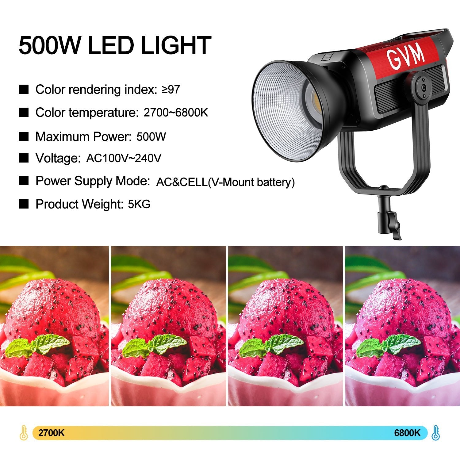 GVM PRO - SD500B 500W Waterproof Bi - Color Monolight(V - mount & Mesh Bluetooth) - JIAN CHENG TECHNOLOGY INC.