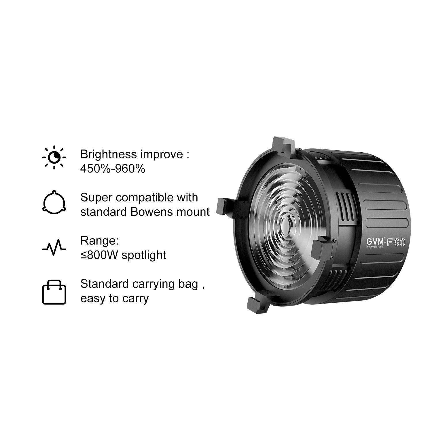 GVM F60 Fresnel Attachment for LED Light Spotlight(PROSD400B,PROSD500B,PROSD650B,SD600D,SD600S)(On Sale FEB.1) - GVMLED