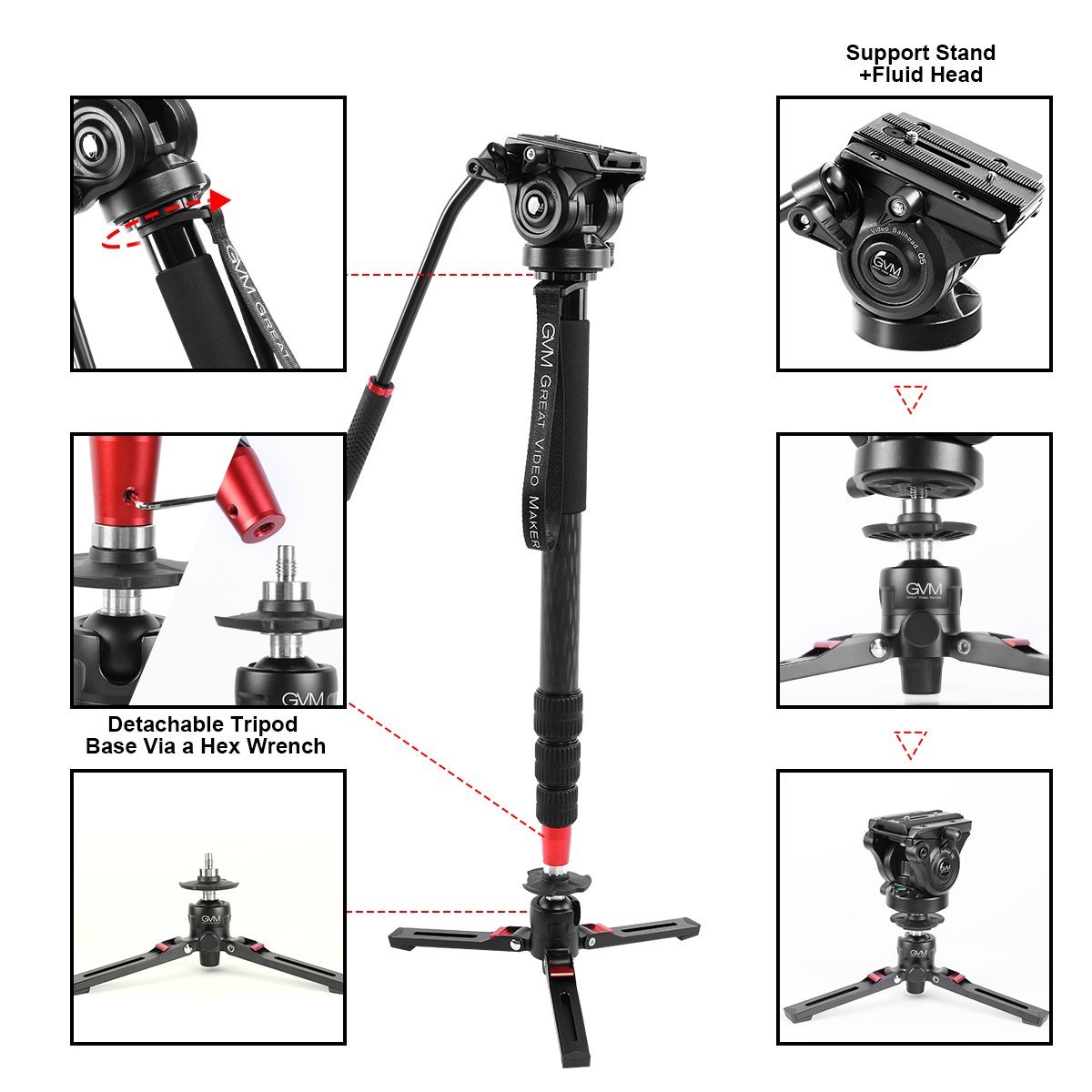 GVM G169 Carbon Fiber 4-Section Monopod with Video Fluid Head - GVMLED