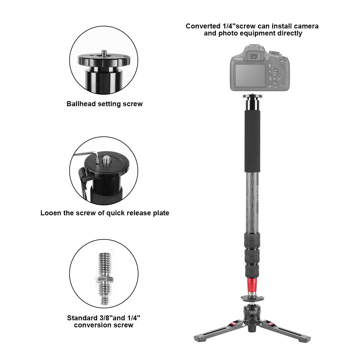 GVM G169 Carbon Fiber 4-Section Monopod with Video Fluid Head - GVMLED