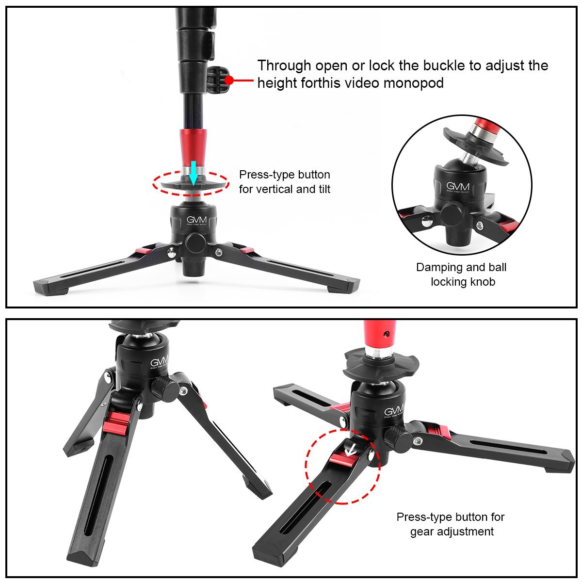 GVM  G175 Alluminum Alloy 5-Section Monopod with Video Fluid Head - GVMLED