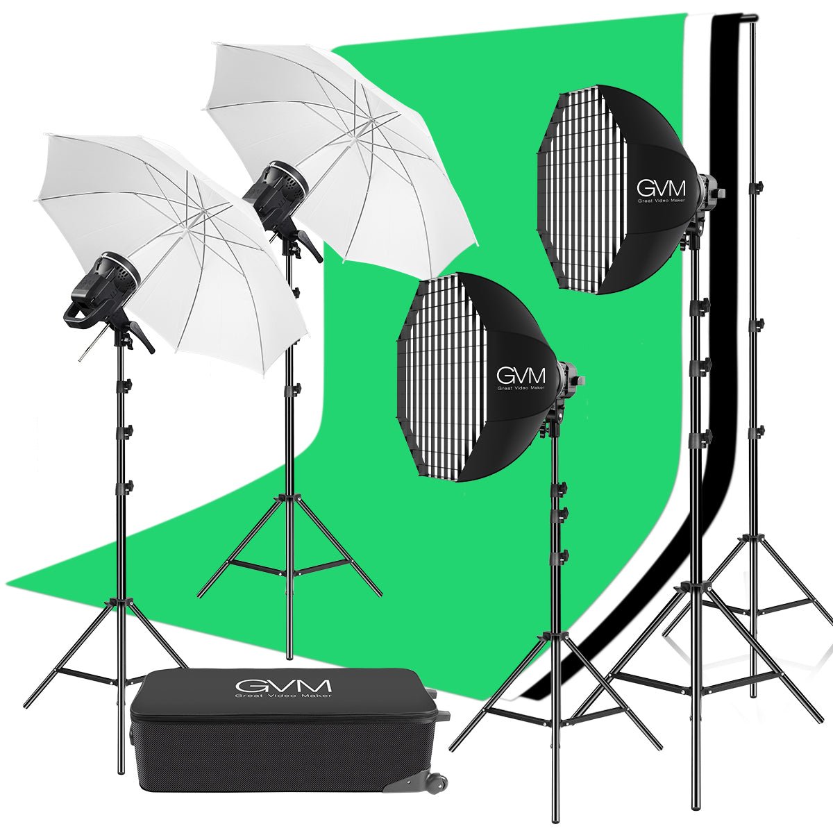 GVM P80S Spotlight 4-Light Kit with Umbrellas, Softboxes, and Backdrops - GVMLED